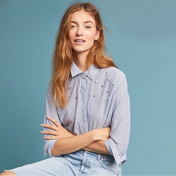 NWT Rails Taylor Florence Stripe Button Down Shirt Top w/ Pearls Size XXS - Picture 1 of 8